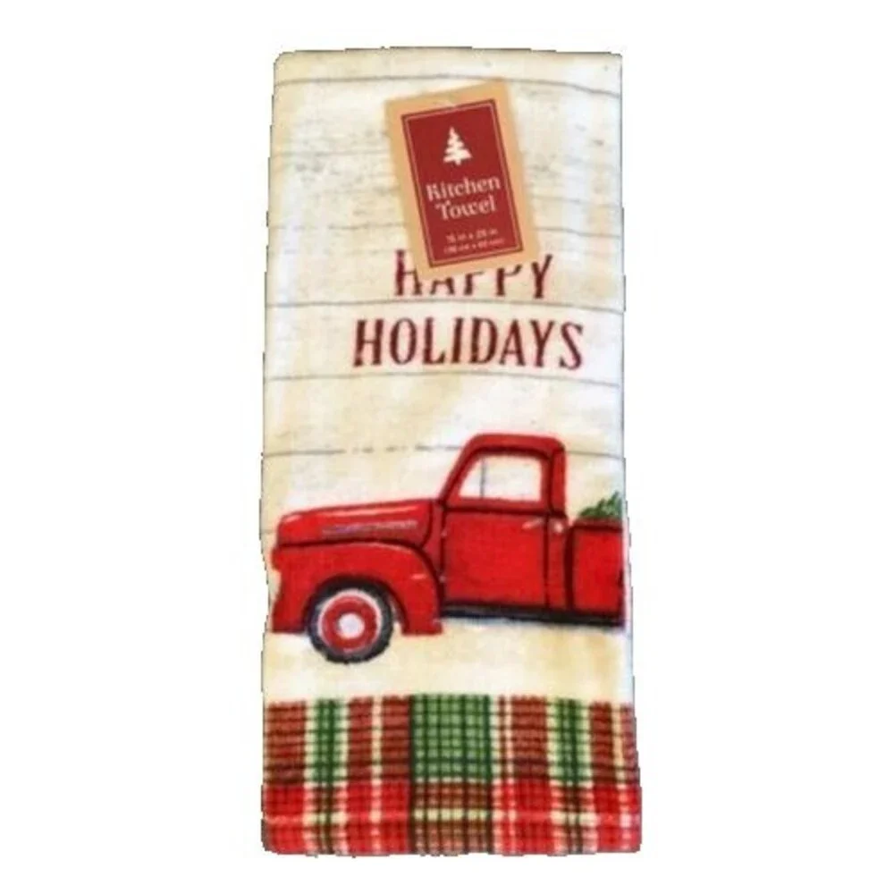 Christmas Red Farm Truck Kitchen Dish Towels Happy Holidays 100% Cotton Set Of 2